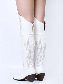 Womens Thigh High Cowboy Boots For Women Stacked Heels Knee High Cowgirl Boots Vintage Embroidered Western Riding Boots Wedding Party - White - View 4