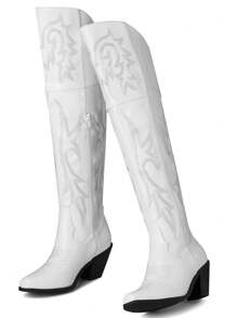 Womens Thigh High Cowboy Boots For Women Stacked Heels Knee High Cowgirl Boots Vintage Embroidered Western Riding Boots Wedding Party - White - View 3