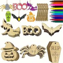 36 piezas de adornos de madera sin terminar con diseños de Halloween para colgar, manualidades de Halloween, decoraciones de Halloween para interiores, suministros para fiestas de Halloween (cepillo no incluido) - Multicolor - Ver 1