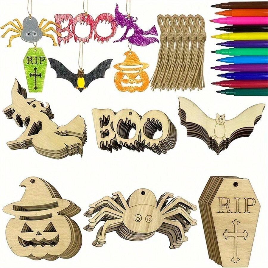 36 piezas de adornos de madera sin terminar con diseños de Halloween para colgar, manualidades de Halloween, decoraciones de Halloween para interiores, suministros para fiestas de Halloween (cepillo no incluido) - Multicolor - Ver 1
