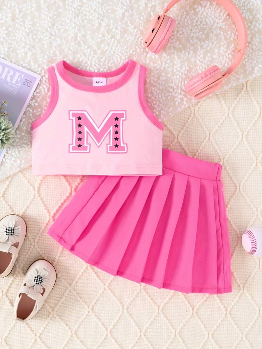 嬰兒女孩夏季休閒圓領印花T恤和褶皺裙子套裝 - 粉色 - 查看 1