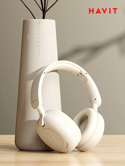 havit H655BT Hybrid Active Noise-Proof Headphones For Airplane Travel, Wireless Over Ear Bluetooth Headphones, 76H Playtime, Hi-Res Audio, Super Bass Via App, 5 Mic For Noise-Proof-White Headphones