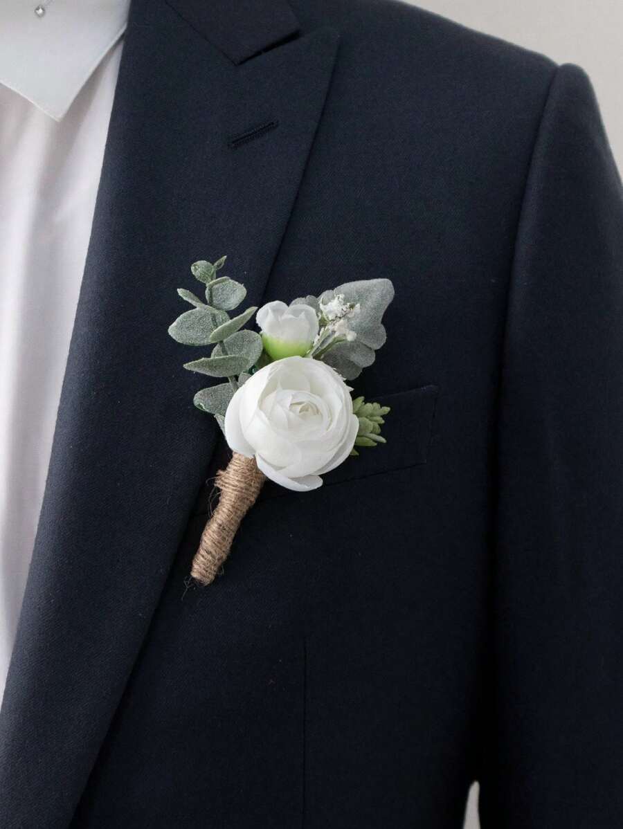 1 件人造花胸花,适合新郎和伴郎,绿叶桉树白山茶花胸花,适合婚礼仪式、舞会、返校节、周年纪念最佳礼物、婚礼装饰、家居装饰、房间装饰派对礼物新娘 - 白色 - 查看 1