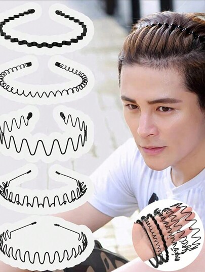 Street 6PCS Metal Waved Style Black Hairband For Men And Women, Hair Accessories