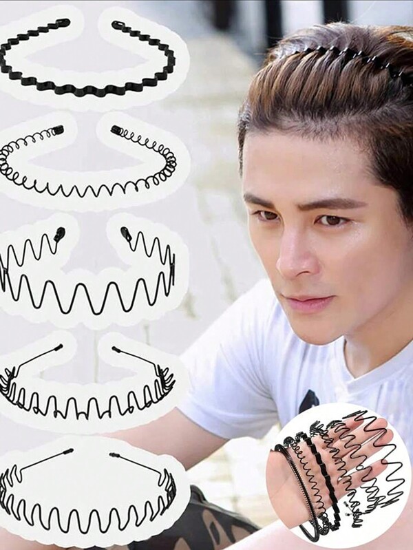 Street 6PCS Metal Waved Style Black Hairband For Men And Women, Hair Accessories
