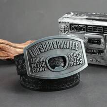 帶各種黑/棕色方格牛仔布腰帶的橢圓盤瓶開器，西部風格的鋅合金扣子街頭潮流復古腰帶適用於男性