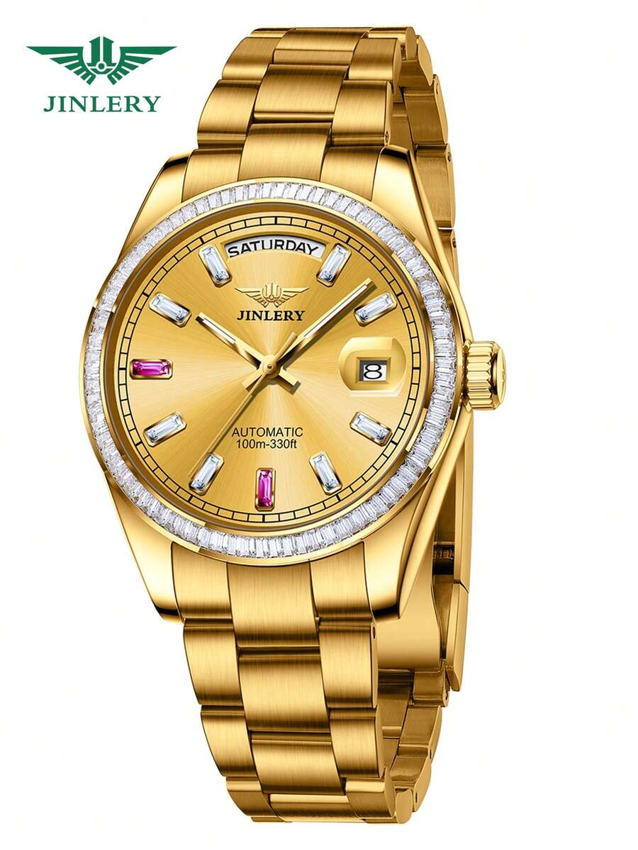 JINLERY男士金色手錶自動機械錶/防水5ATM日曆和每週顯示藍寶石發光男士禮物 - 金色 - 查看 1