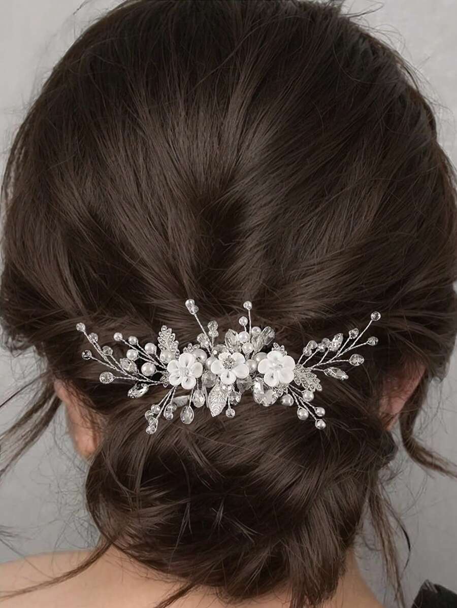 1件女士优雅手工合金叶片、柔软陶瓷花朵和仿珍珠发梳，适用于新娘、婚礼、派对和情人节配饰 - 銀色 - 查看 1