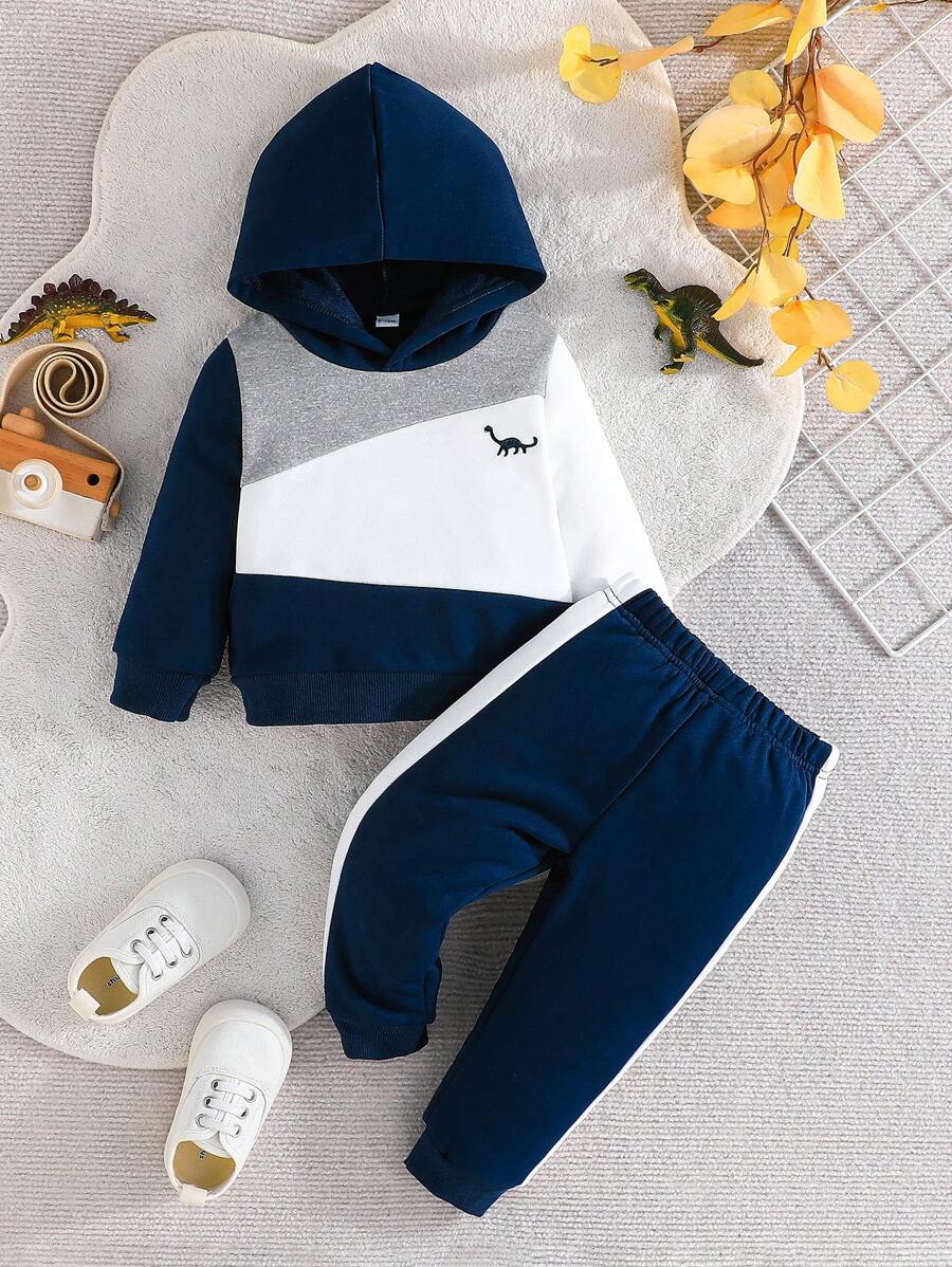 2 件套男婴时尚休闲新款恐龙刺绣撞色连帽衫和裤子套装 - 寶藍色 - 查看 1