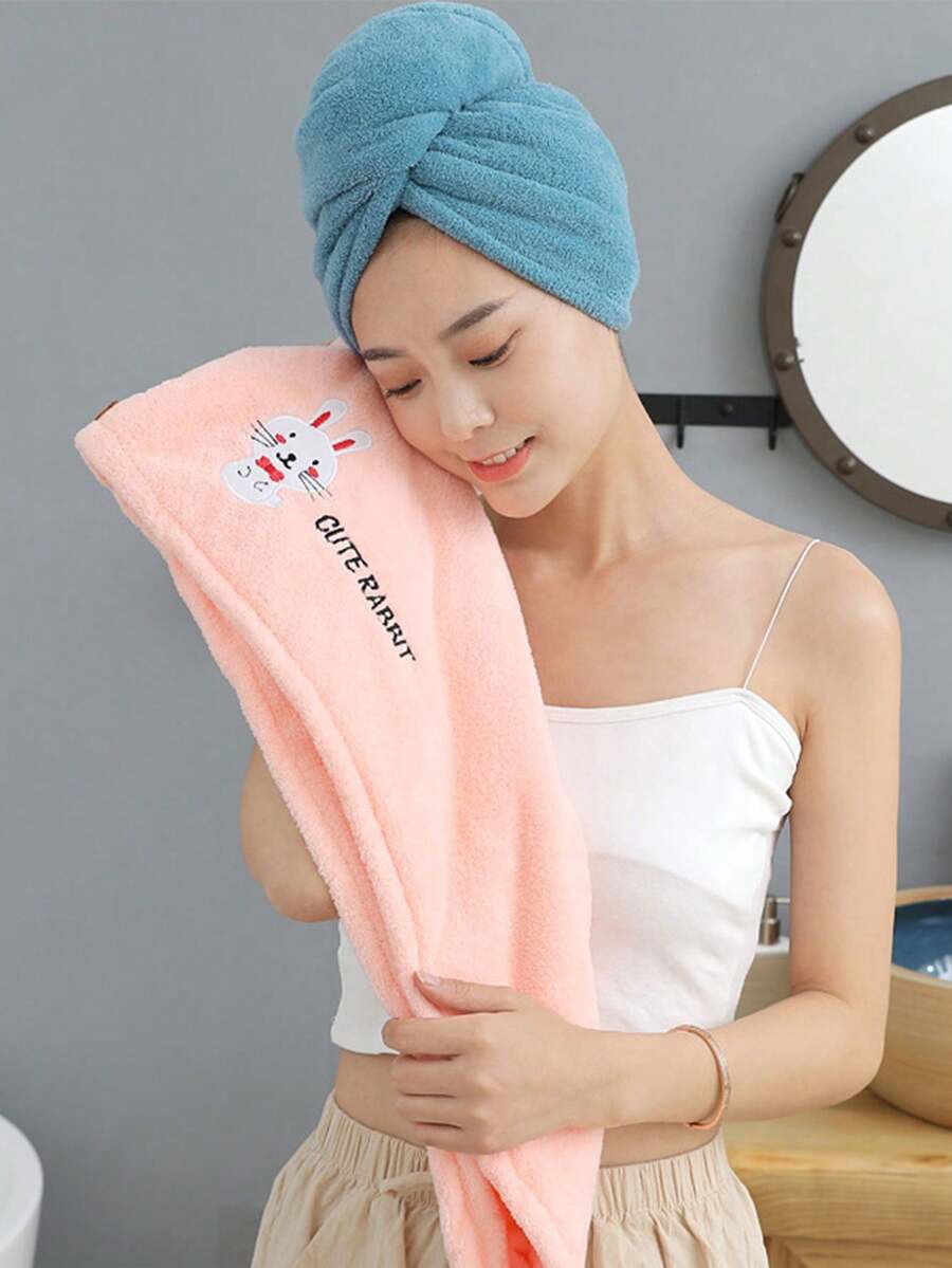 乾髮帽,女性加厚吸水浴帽,珊瑚絨卡通可愛動物刺繡,洗髮,乾髮帽,頭帶 - 單層 - 查看 1