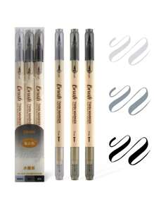 3 Stücke Dual-Seitige Retro Farbmarker Set, fette Bürste & feiner Liner, wasserlösliche Mischfarben Kunst Marker für Schriftzug, Zeichnen, Malen