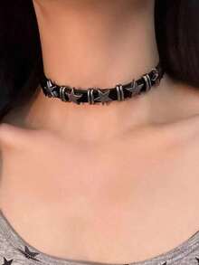 1條庞克風格的 PU 皮革金屬水槍黑星項圈，適合於女性派對聚會 - 黑色 - 查看 12