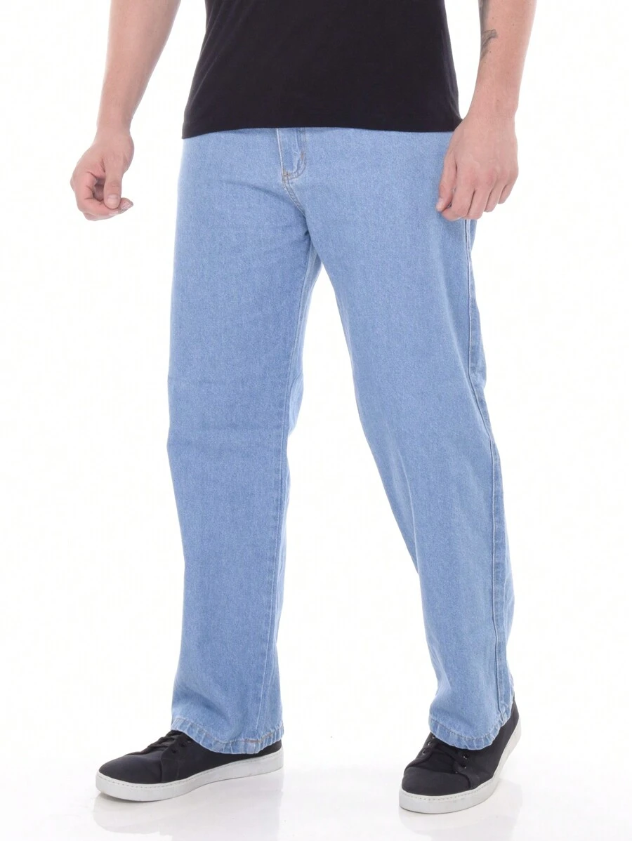 Calça Baggy Fit Masculina Jeans Lisa Básica Sem Lycra - Lavagem Média - Visão 1