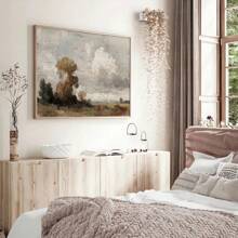 1入組無框秋天農舍風景復古海報，鄉村田野樹木牆藝術復古油畫印刷，適用於客廳、臥室和現代家居裝飾 - 杏色 - 查看 2