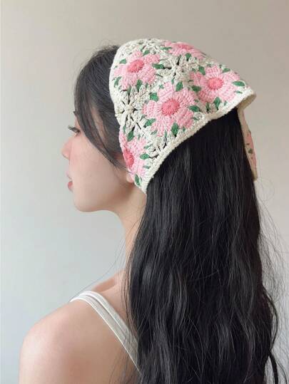 قطعة واحدة من وشاح فرنسي عتيق، وشاح مثلث مصنوع يدويًا بالكروشيه والتريكو، أزهار لطيفة وجميلة، مناسب للنساء للأنشطة الخارجية مثل التخييم والرحلات لحماية من الشمس والرياحرمضان