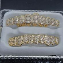 THATBOY 2PCS BlingBling Hip Hop Iced Teeth Grills - Dazzling AAAAA Plus Cubic Zirconia Grillz Teeth, 20 Top & Bottom Grillz Teeth Set - Secure And Adjustable Fit For Rapper Star Show-Stopping, Fashion-Forward Cool And Handsome Look