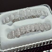 THATBOY 2PCS BlingBling Hip Hop Iced Teeth Grills - Dazzling AAAAA Plus Cubic Zirconia Grillz Teeth, 20 Top & Bottom Grillz Teeth Set - Secure And Adjustable Fit For Rapper Star Show-Stopping, Fashion-Forward Cool And Handsome Look