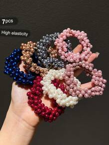 1/2/3/7pcs Women's Colorful Faux Pearl Fashionable Hair Ties Pink Accessories Ponytail Holders Hair Elastics Hair Rubber Bands Scrunchies Hair Rope Elastic Hair Tie Head Accessories Elastic Band Beauty Home Hair Accessories - Multicolor - View 18