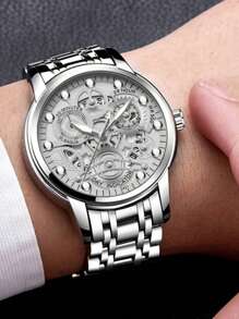 VA VA VOOM 1 Peça Relógio Masculino Moda Aço Inoxidável Mostrador Oco Estilo Casual Esportivo Luz Noturna Relógio Masculino Dourado & Preto & Prata Movimento de Quartzo Original Diamante de Luxo Relógios de Pulso