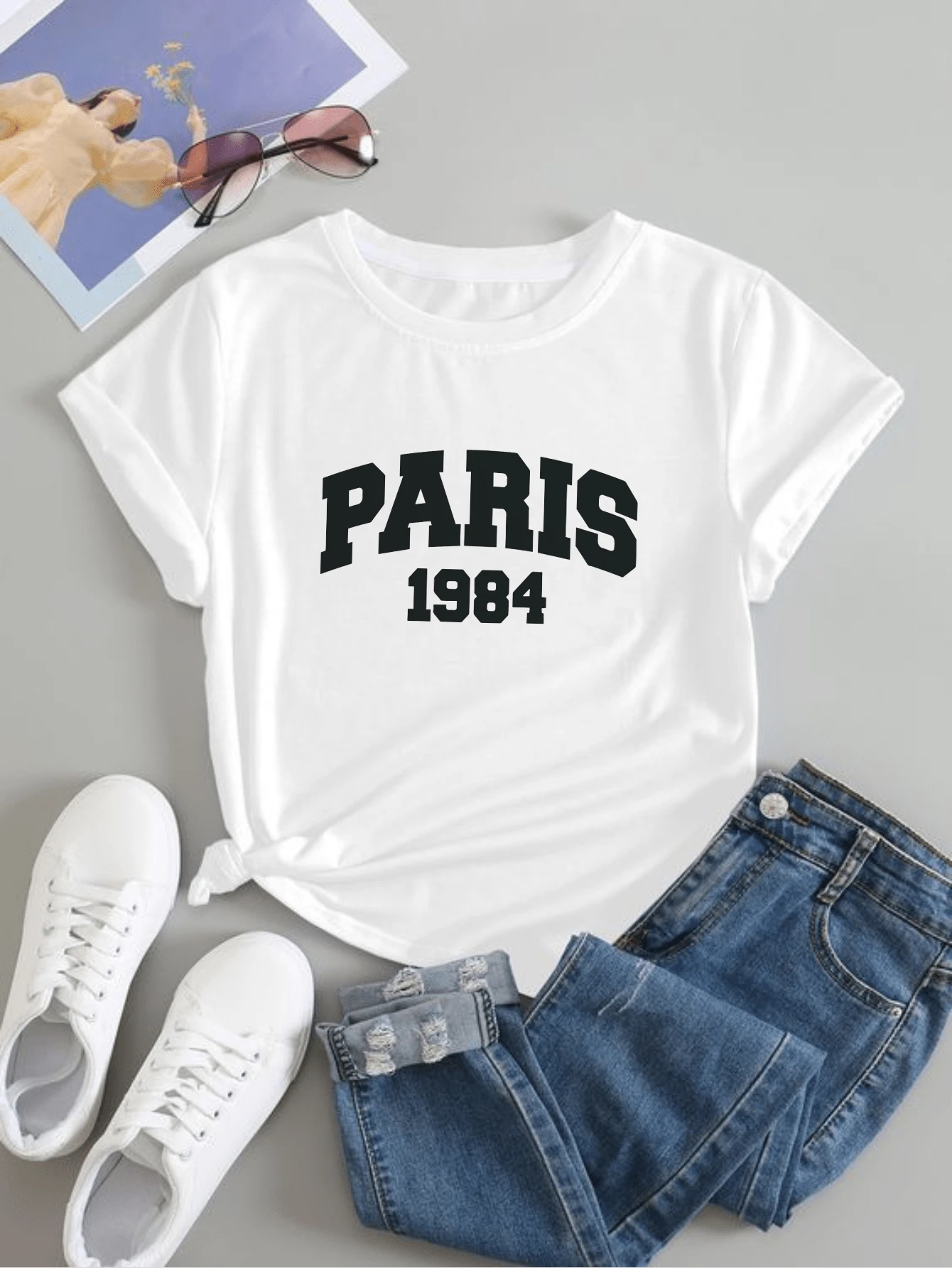 Women's Basic Blouse Shirt Plus Size Paris 1984 Print Round Neck - trắng - Xem 1
