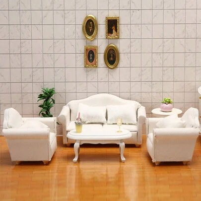 1:12 Dollhouse Miniature Living Room Furniture Set - 3pcs White Fabric Sofa With 4 Pillows, Doll House Sofa, Micro Scenery Decor, Reclining Loveseat, White Decorative, Doll Furniture, Cute Small Sofa, Exquisite Small Sofa Pendant, Miniature Toy Furniture, Suitable As A Gift