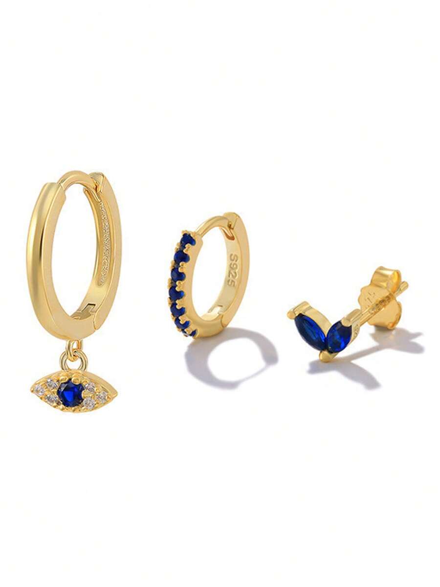 3pcs S925 Sterling Silver Cubic Zirconia Earrings And Pendant Set, INS