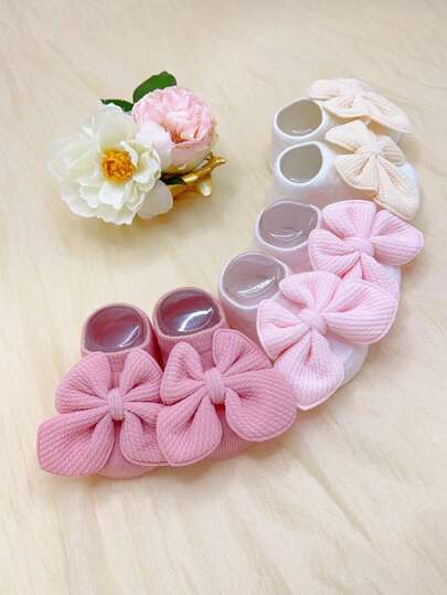 3 Pairs Baby Girls' Non-Slip Indoor Floor Boat Socks With Bow Decor