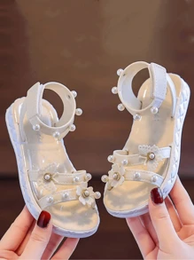 Fashionable Cute Rhinestone Bowknot Open Toe Sandals For Girls, Breathable Non-Slip Sandals For Holiday Beach - Beige - View 2
