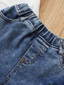 Cute Strawberry Fruit Pattern Short Sleeve Outfit For Children, Summer, 2pcs/Set Denim Kids' Clothes - White - View 7