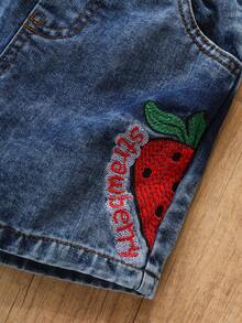 Cute Strawberry Fruit Pattern Short Sleeve Outfit For Children, Summer, 2pcs/Set Denim Kids' Clothes - White - View 5