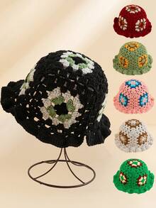 1pc Women's Y2K Granny Plaid Flower Handmade Knit Bucket Hat Suitable For Daily Wear - Multicolor - View 1