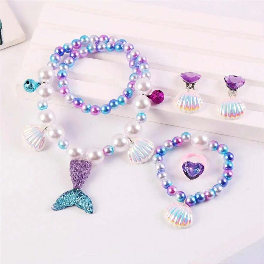 5入組 時尚兒童美人魚尾巴主題珠寶套裝，包括項鍊、手鍊、耳環、假珍珠貝殼戒指，適合女孩公主裝扮 - 橘色 - 查看 1