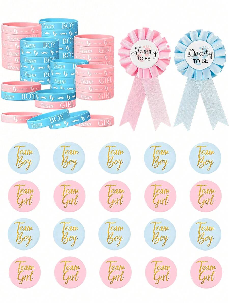 42件套宝宝性别揭晓派对小礼物，包括20枚男孩或女孩胸针、20条硅胶性别揭晓手环和2枚徽章，适用于性别揭晓派对用品。 - 彩色 - 查看 1