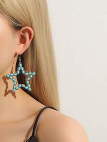 1pair Boho Western Style Vintage Turquoise Geometric Pendant Long Earrings - Antique Silver - View 2