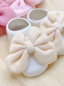 3 Pairs Baby Girls' Non-Slip Indoor Floor Boat Socks With Bow Decor