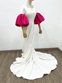 1 tay áo satin trắng có thiết kế bồng bềnh & 2 tay áo ngắn màu đen co giãn có chi tiết trang trí cho cô dâu mùa thu - Nhiều màu - Xem 4