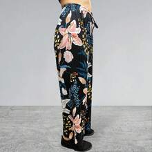 Pantalon de pierna ancha floreado, pantalon de mujer, pantalón fresco, estampado floral - Azul - Ver 4