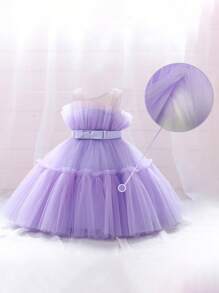 Young Girls' Solid Color Tulle Fluffy Princess Dress With Waist Bow Embellishments , Cute & Elegant Style , Suitable For Birthday Parties , Hair Accessories Not Included - Purple - View 7