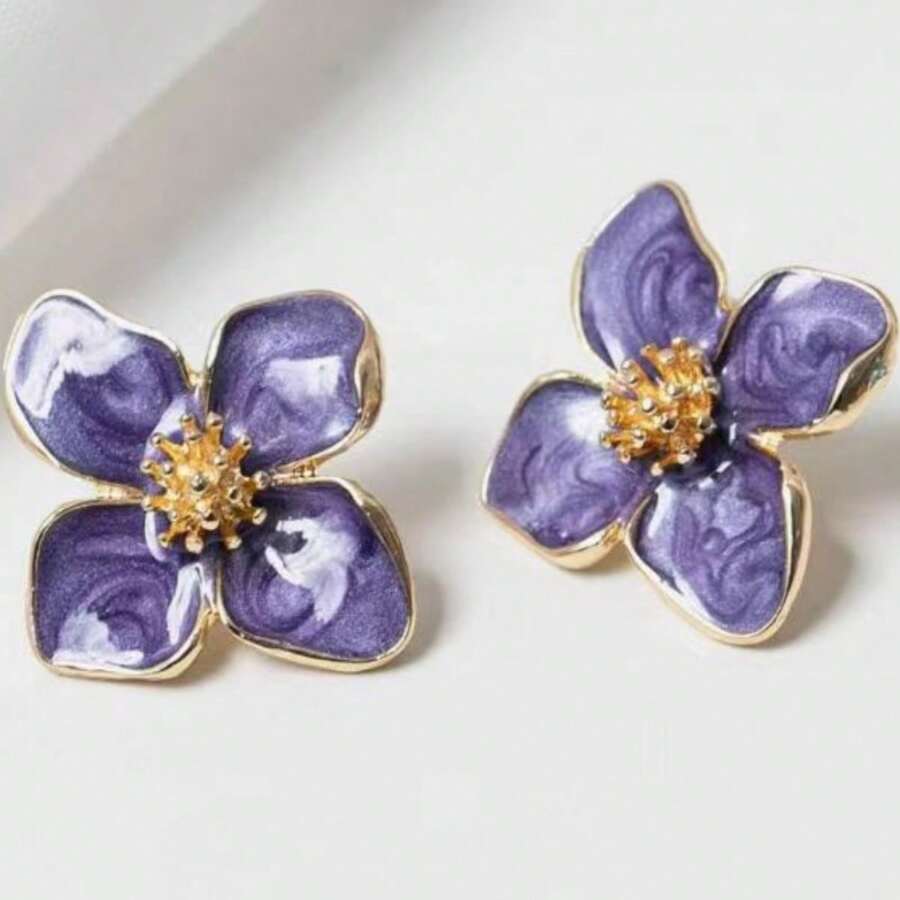 1 对时尚芙蓉花釉面复古风格耳环，红色花朵耳钉珠宝配饰情人节、妈妈、母亲、母亲节、礼物 - 紫色 - 查看 1