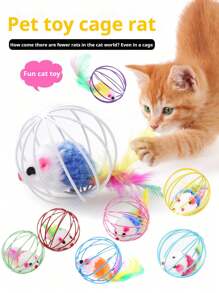 Colorful Feather Painted Iron Cage Pet Cat Toys - Realistic Mouse Shaped Rollers And Caged Mice, Interactive Toys For Cats