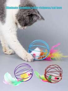 Colorful Feather Painted Iron Cage Pet Cat Toys - Realistic Mouse Shaped Rollers And Caged Mice, Interactive Toys For Cats