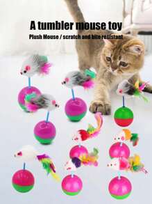 Colorful Feather Painted Iron Cage Pet Cat Toys - Realistic Mouse Shaped Rollers And Caged Mice, Interactive Toys For Cats