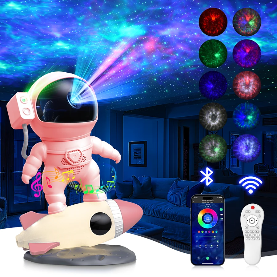 Astronaut Galaxy Projector, Star Nebula Projector With Rocket Lamp, Night Lights LED Star Projector For Bedroom, Remote Control, White Noises, Bluetooth Speaker For Parties, Ceiling, Room Decor, Gifts - Pink - View 1