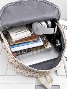 Cute Fresh Style Casual Backpack Floral Printed Fashion Rucksack, Back To School Supplies - Beige - View 5