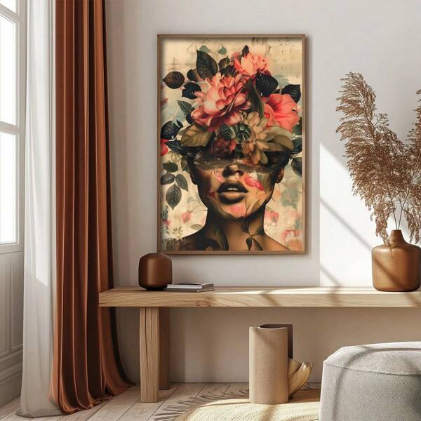 1 pièce Affiche d'art abstrait imprimée avec une belle femme et des fleurs, art mural sur canevas moderne, peinture abstraite féminine belle sur canevas, sans cadre