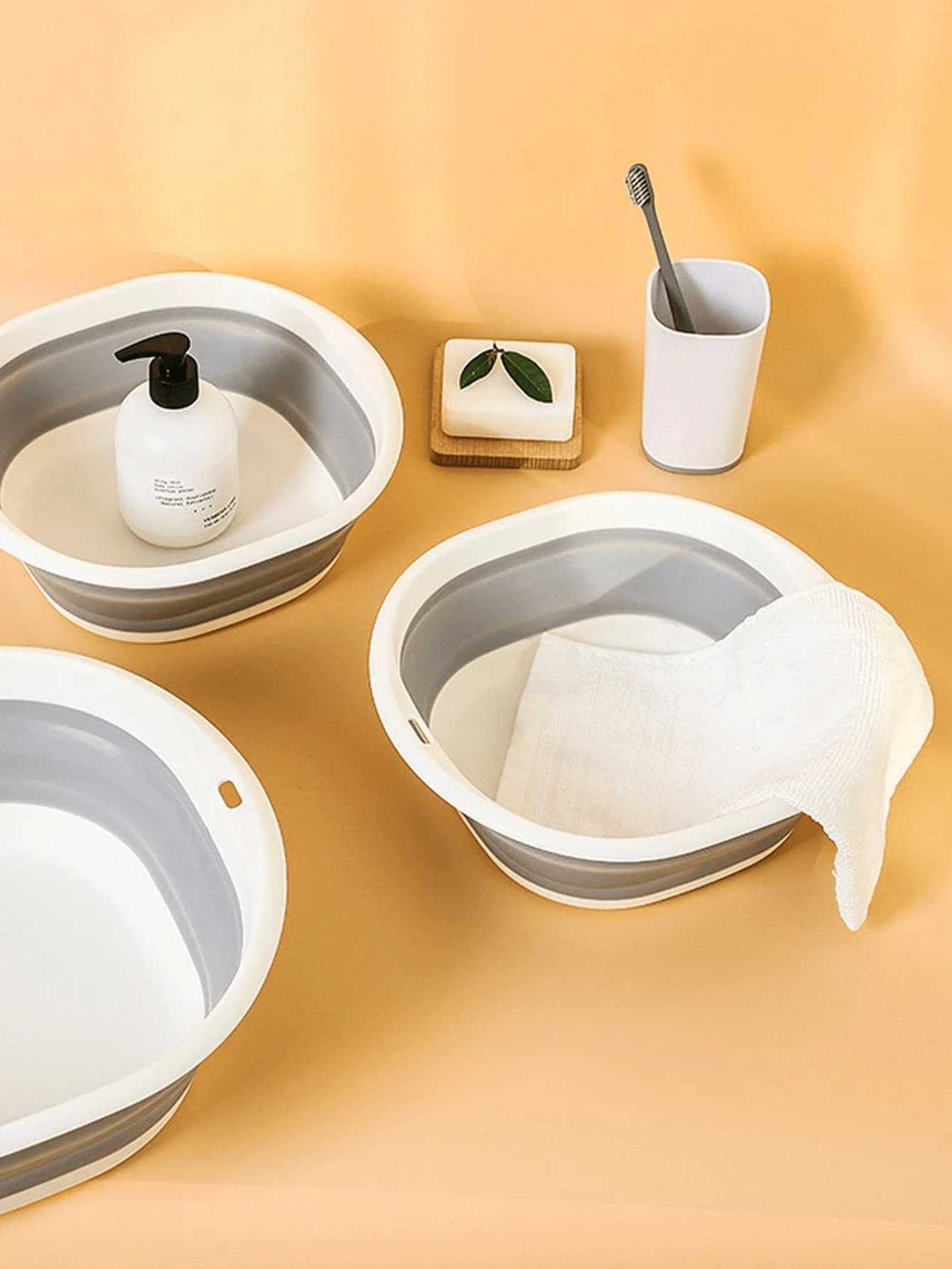 1入摺疊盆，桶，可攜式節省空間的廚房和浴室水槽，適合存放盆和洗衣服和臉部，適合家用蔬菜、水果、洗衣和戶外露營、學生返校用品 - 灰白 - 查看 1