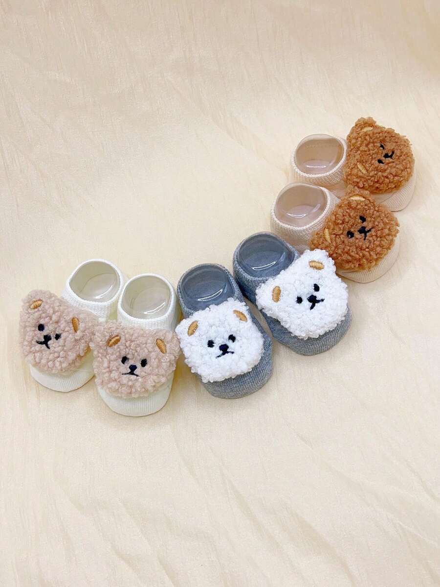 3双可爱小熊图案胶底短袜,四季儿童袜 - 彩色 - 查看 1