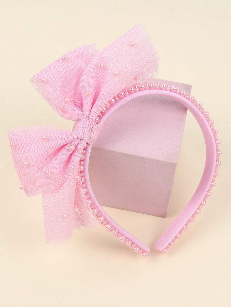 1入組粉色珍珠髮箍,網狀蝴蝶結裝飾髮箍,女孩婚禮派對髮飾,兒童髮飾配件