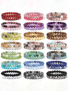 YAUKIA 2入組女士手鍊天然石手鍊組玛瑙8mm珠子手鐲，男士珠寶醫療治療青金石水晶手鍊