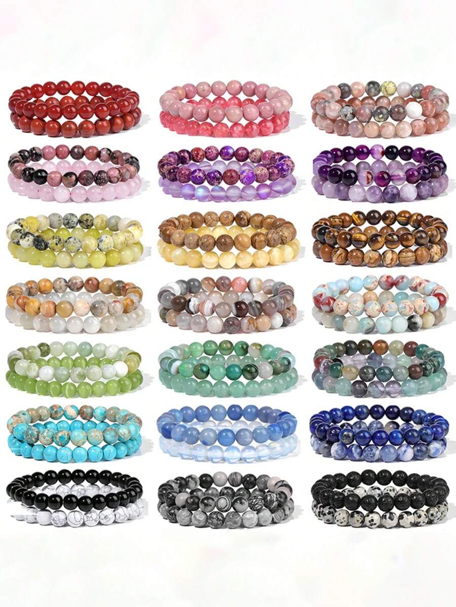 YAUKIA 2入組女士手鍊天然石手鍊組玛瑙8mm珠子手鐲，男士珠寶醫療治療青金石水晶手鍊